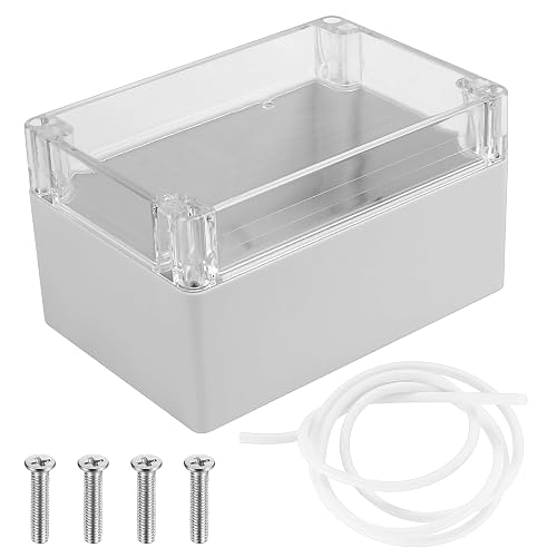 Caja gris de plástico con tapa transparente y cuatro tornillos