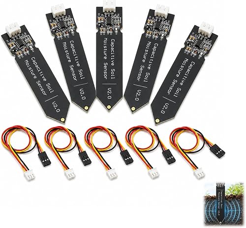 Cinco sensores capacitivos negros en forma de pala, con sus cables