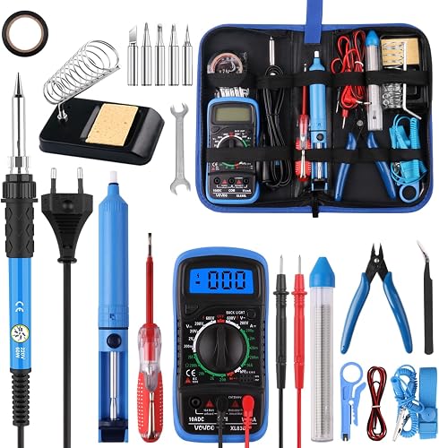 Kit con soldador azul, multímetro digital, alicates, estaño y estuche